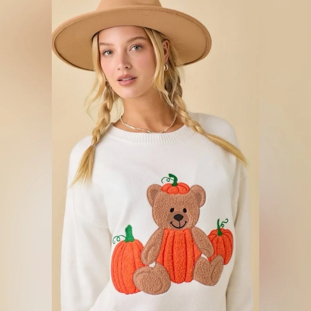 Textured Pumpkin Teddy Bear Embroidered Patchwork Sweater - Main Strip - Picture 5 of 6